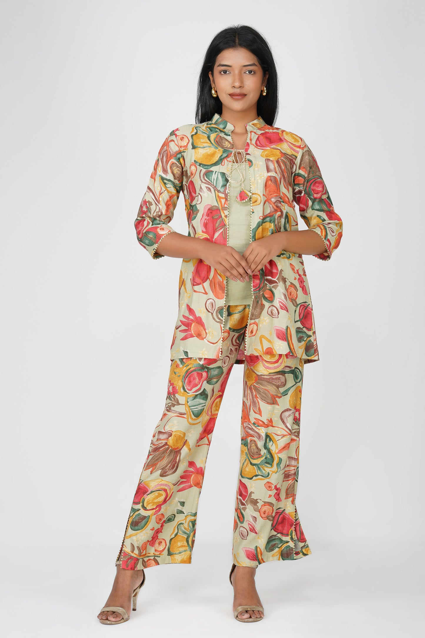 Maahi Festive Floral Print Jacket with Pants Set of 3 Co-ord