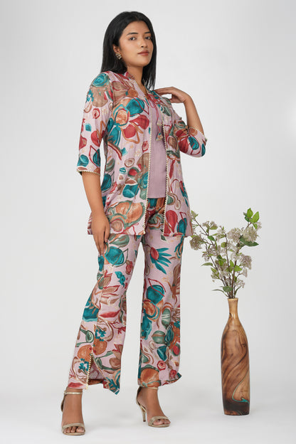 Maahi Co-ord Set – Lilac Floral Jacket, Solid Inner & Printed Palazzos (3-Piece Set)