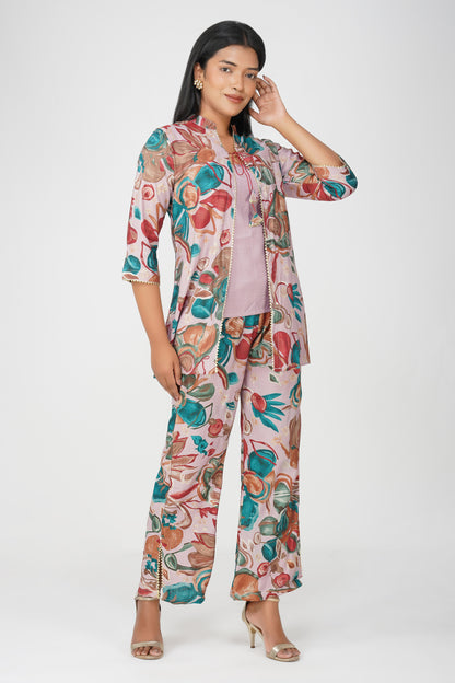 Maahi Co-ord Set – Lilac Floral Jacket, Solid Inner & Printed Palazzos (3-Piece Set)