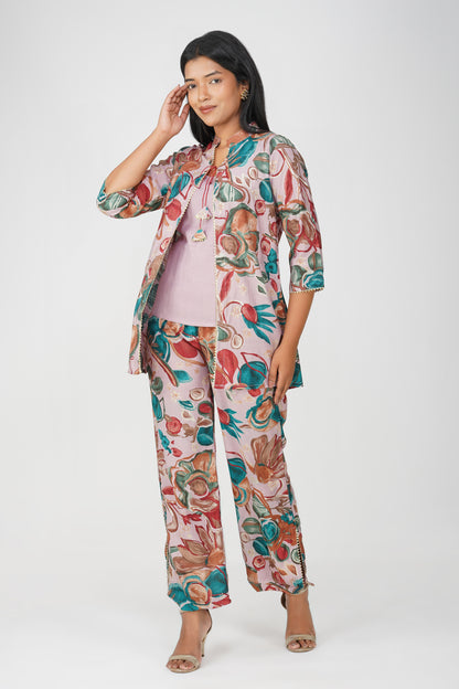 Maahi Co-ord Set – Lilac Floral Jacket, Solid Inner & Printed Palazzos (3-Piece Set)