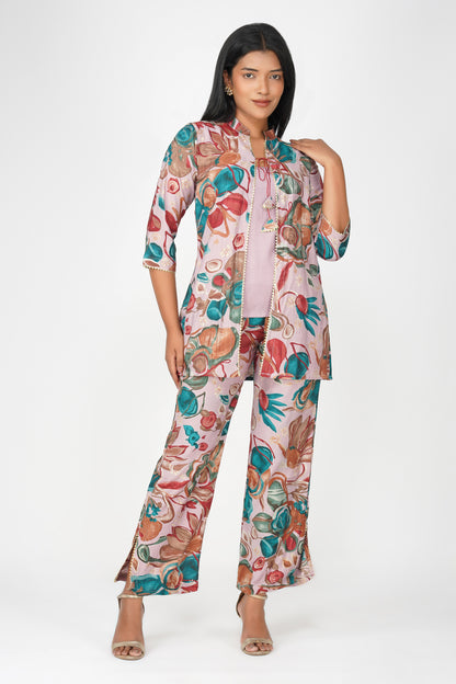 Maahi Co-ord Set – Lilac Floral Jacket, Solid Inner & Printed Palazzos (3-Piece Set)