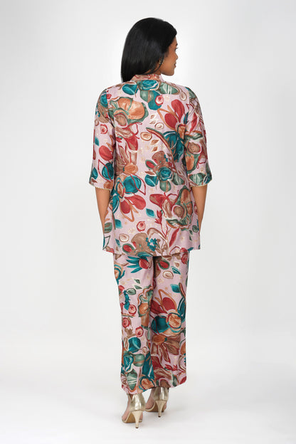 Maahi Co-ord Set – Lilac Floral Jacket, Solid Inner & Printed Palazzos (3-Piece Set)