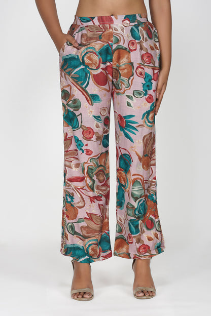 Maahi Co-ord Set – Lilac Floral Jacket, Solid Inner & Printed Palazzos (3-Piece Set)