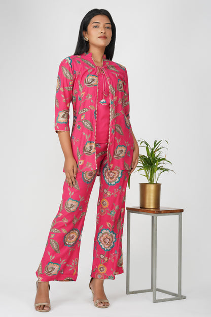 Maahi Co-ord Set – Pink Printed Jacket, Solid Inner & Palazzos (3-Piece Set)
