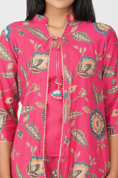 Maahi Co-ord Set – Pink Printed Jacket, Solid Inner & Palazzos (3-Piece Set)