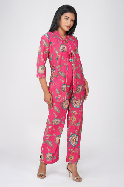 Maahi Co-ord Set – Pink Printed Jacket, Solid Inner & Palazzos (3-Piece Set)