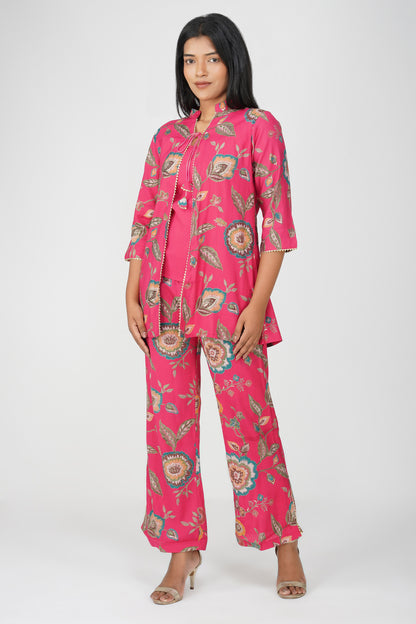 Maahi Co-ord Set – Pink Printed Jacket, Solid Inner & Palazzos (3-Piece Set)