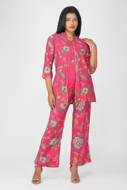 Maahi Co-ord Set – Pink Printed Jacket, Solid Inner & Palazzos (3-Piece Set)