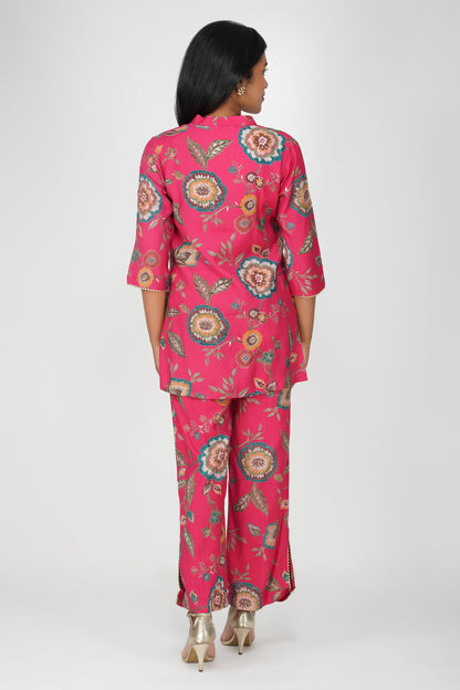 Maahi Co-ord Set – Pink Printed Jacket, Solid Inner & Palazzos (3-Piece Set)