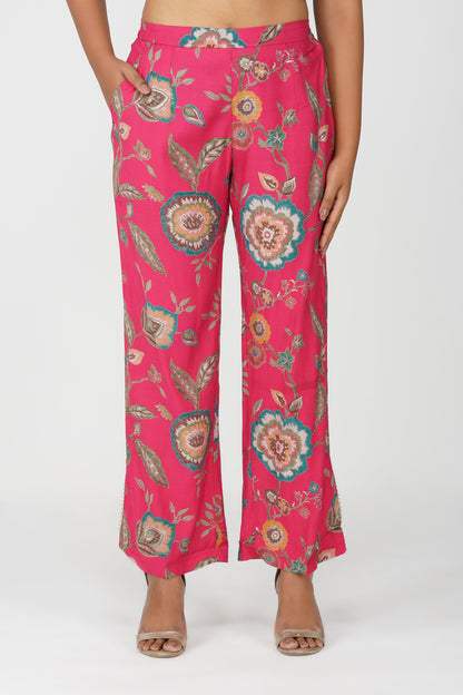 Maahi Co-ord Set – Pink Printed Jacket, Solid Inner & Palazzos (3-Piece Set)