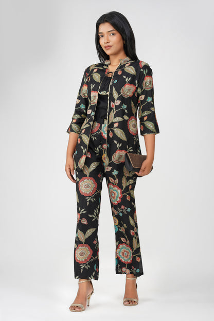 Maahi Co-ord Set – Black Floral Jacket, Solid Inner & Printed Palazzos (3-Piece Set)