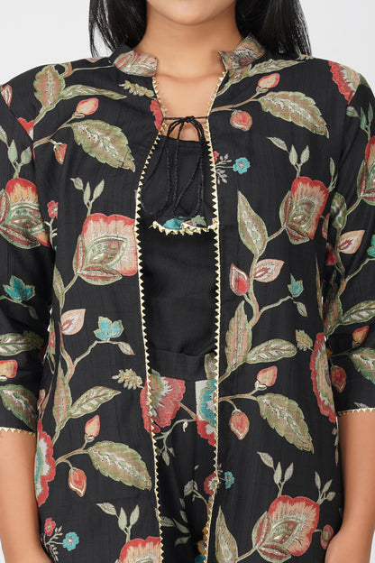 Maahi Co-ord Set – Black Floral Jacket, Solid Inner & Printed Palazzos (3-Piece Set)