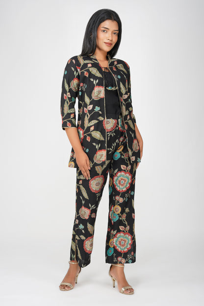 Maahi Co-ord Set – Black Floral Jacket, Solid Inner & Printed Palazzos (3-Piece Set)
