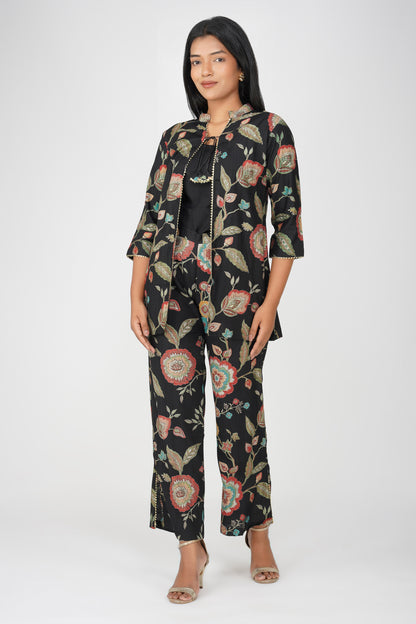 Maahi Co-ord Set – Black Floral Jacket, Solid Inner & Printed Palazzos (3-Piece Set)