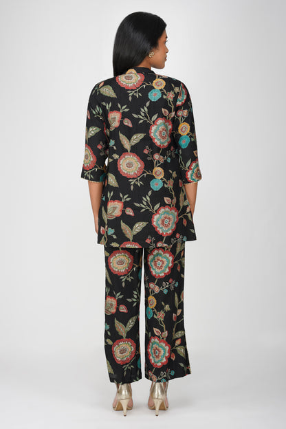 Maahi Co-ord Set – Black Floral Jacket, Solid Inner & Printed Palazzos (3-Piece Set)