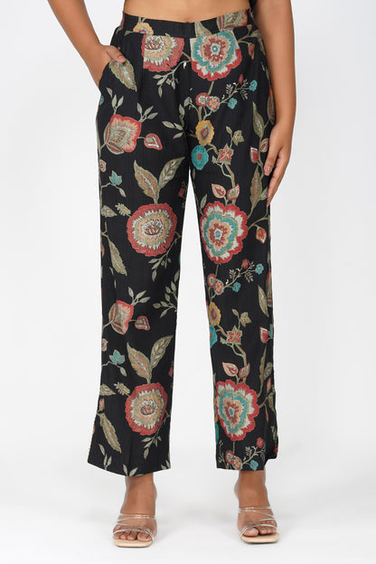 Maahi Co-ord Set – Black Floral Jacket, Solid Inner & Printed Palazzos (3-Piece Set)