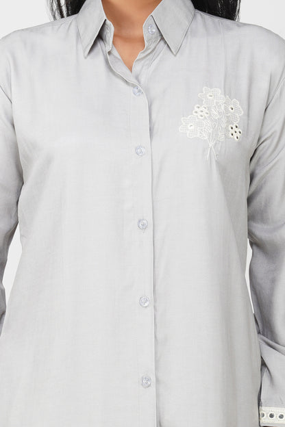 Grey Silk-Denim Co-ord Set – Embroidered Shirt & Relaxed Fit Pants