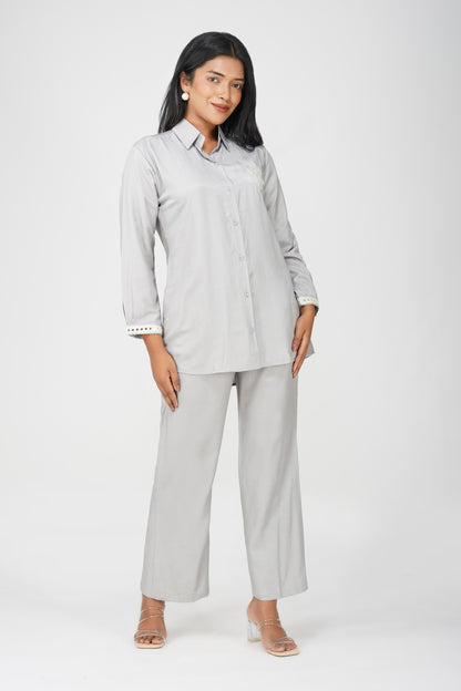 Grey Silk-Denim Co-ord Set – Embroidered Shirt & Relaxed Fit Pants