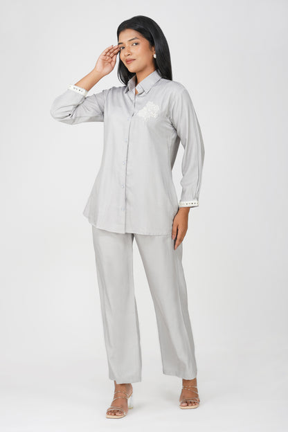 Grey Silk-Denim Co-ord Set – Embroidered Shirt & Relaxed Fit Pants
