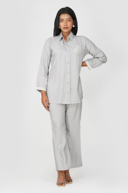 Grey Silk-Denim Co-ord Set – Embroidered Shirt & Relaxed Fit Pants