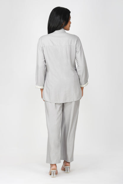 Grey Silk-Denim Co-ord Set – Embroidered Shirt & Relaxed Fit Pants