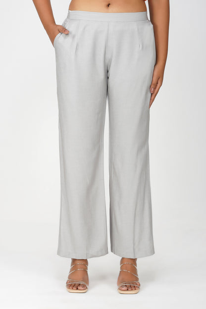 Grey Silk-Denim Co-ord Set – Embroidered Shirt & Relaxed Fit Pants