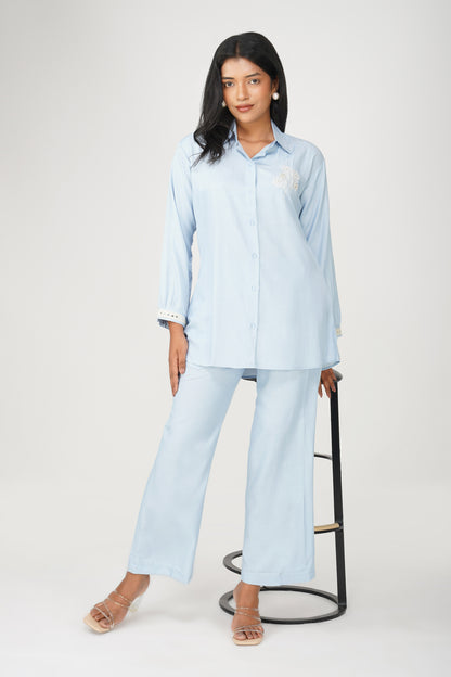 Powder Blue Silk-Denim Co-ord Set – Embroidered Shirt & Relaxed Pants