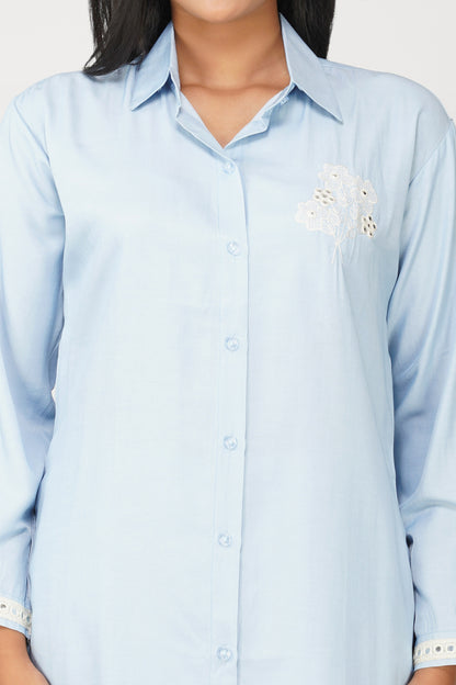 Powder Blue Silk-Denim Co-ord Set – Embroidered Shirt & Relaxed Pants