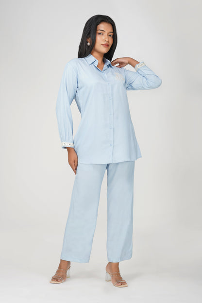 Powder Blue Silk-Denim Co-ord Set – Embroidered Shirt & Relaxed Pants