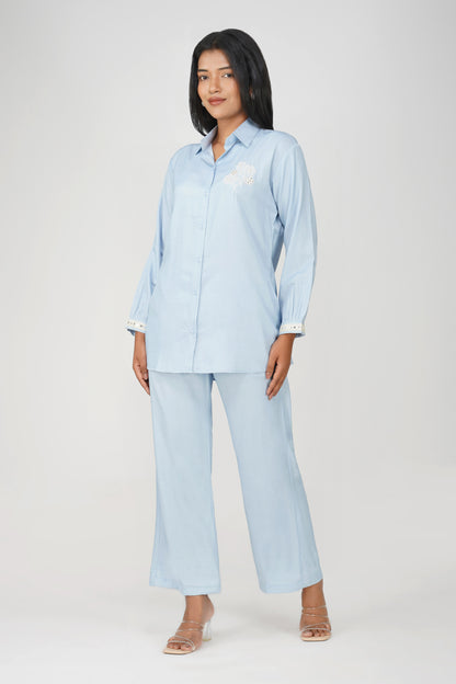 Powder Blue Silk-Denim Co-ord Set – Embroidered Shirt & Relaxed Pants