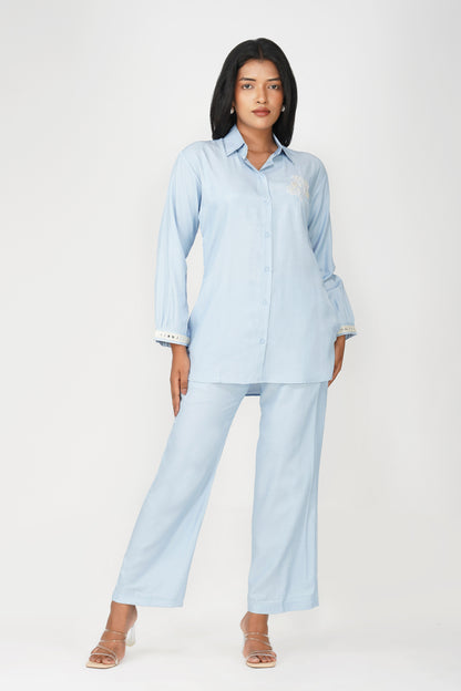 Powder Blue Silk-Denim Co-ord Set – Embroidered Shirt & Relaxed Pants