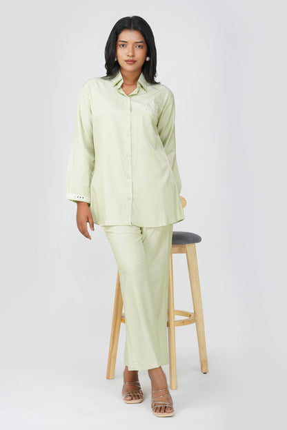 Pastel Green Silk-Denim Co-ord Set – Mirror Embroidered Shirt & Pants