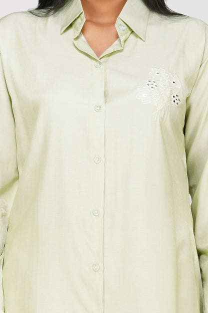 Pastel Green Silk-Denim Co-ord Set – Mirror Embroidered Shirt & Pants