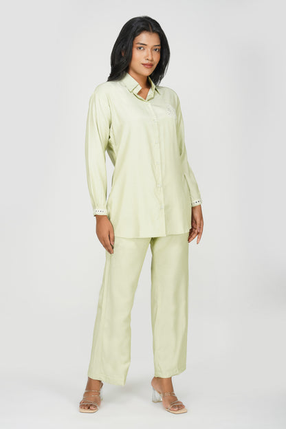 Pastel Green Silk-Denim Co-ord Set – Mirror Embroidered Shirt & Pants