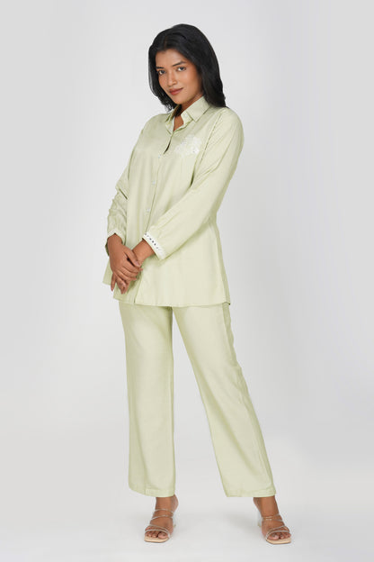 Pastel Green Silk-Denim Co-ord Set – Mirror Embroidered Shirt & Pants