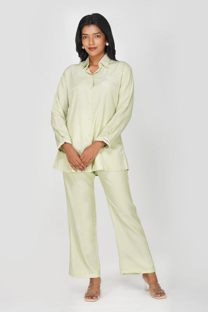 Pastel Green Silk-Denim Co-ord Set – Mirror Embroidered Shirt & Pants