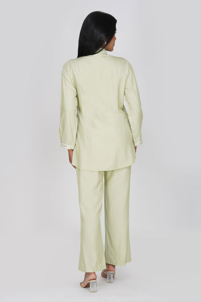 Pastel Green Silk-Denim Co-ord Set – Mirror Embroidered Shirt & Pants
