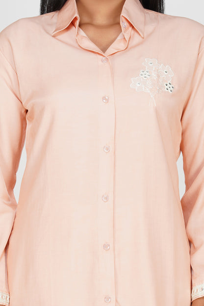Peach Silk-Denim Co-ord Set – Embroidered Shirt & Relaxed Pants