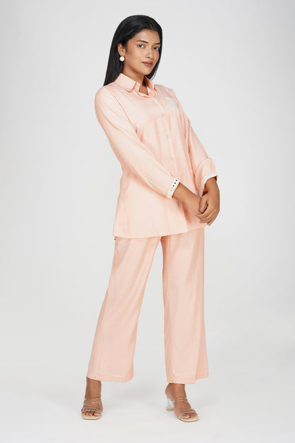 Peach Silk-Denim Co-ord Set – Embroidered Shirt & Relaxed Pants