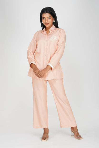 Peach Silk-Denim Co-ord Set – Embroidered Shirt & Relaxed Pants