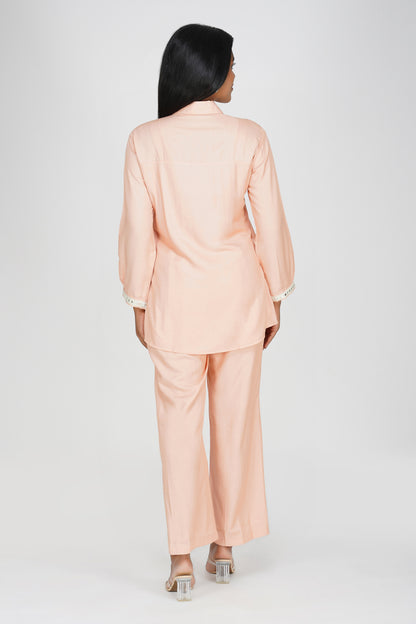 Peach Silk-Denim Co-ord Set – Embroidered Shirt & Relaxed Pants