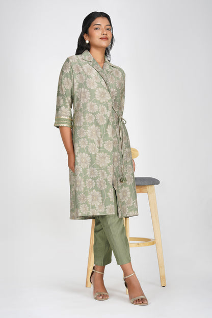 Laila Co-ord Set – Sage Green Floral Jacket Style Top with Solid Pants (2-Piece Set)