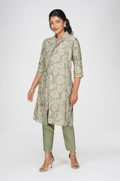 Laila Co-ord Set – Sage Green Floral Jacket Style Top with Solid Pants (2-Piece Set)