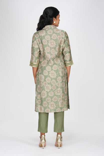 Laila Co-ord Set – Sage Green Floral Jacket Style Top with Solid Pants (2-Piece Set)