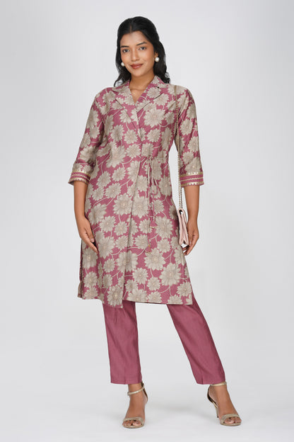 Laila Co-ord Set – Rose Gold Floral Jacket Style Top with Solid Pants (2-Piece Set)