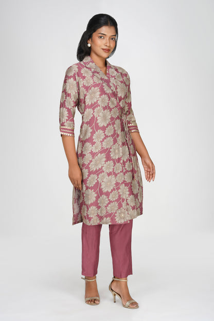 Laila Co-ord Set – Rose Gold Floral Jacket Style Top with Solid Pants (2-Piece Set)