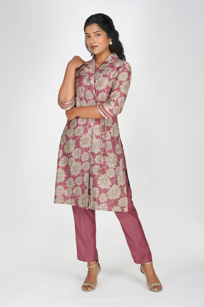 Laila Co-ord Set – Rose Gold Floral Jacket Style Top with Solid Pants (2-Piece Set)