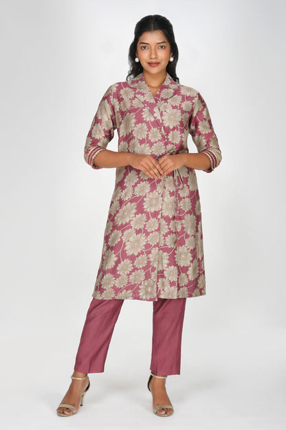 Laila Co-ord Set – Rose Gold Floral Jacket Style Top with Solid Pants (2-Piece Set)