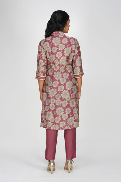 Laila Co-ord Set – Rose Gold Floral Jacket Style Top with Solid Pants (2-Piece Set)
