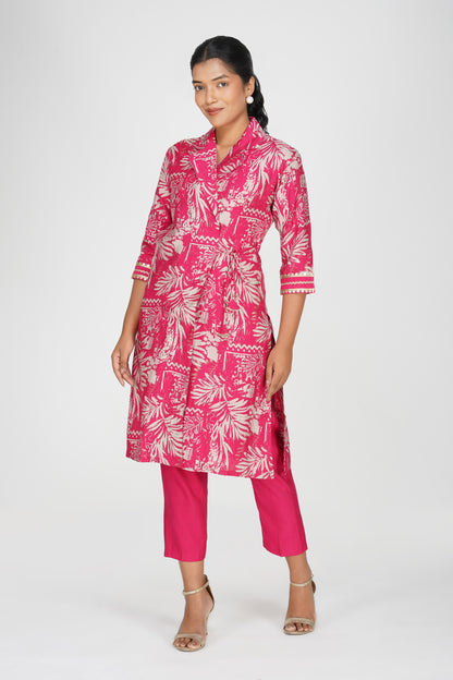 Laila Co-ord Set – Pink Printed Jacket Style Top with Solid Pants (2-Piece Set)